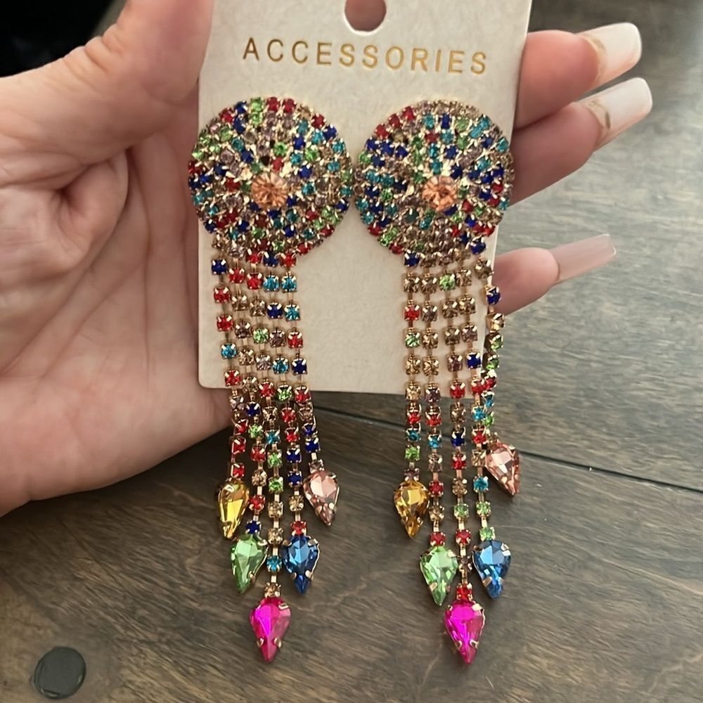 New Sphere Multi Rainbow Chandelier Dangle Arrow Fringe Sterling Silver Earrings - Picture 4 of 10